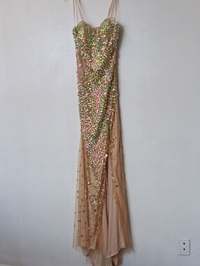 Vintage Nude Sequin Mesh Maxi Dress with Iridescent Embellishments